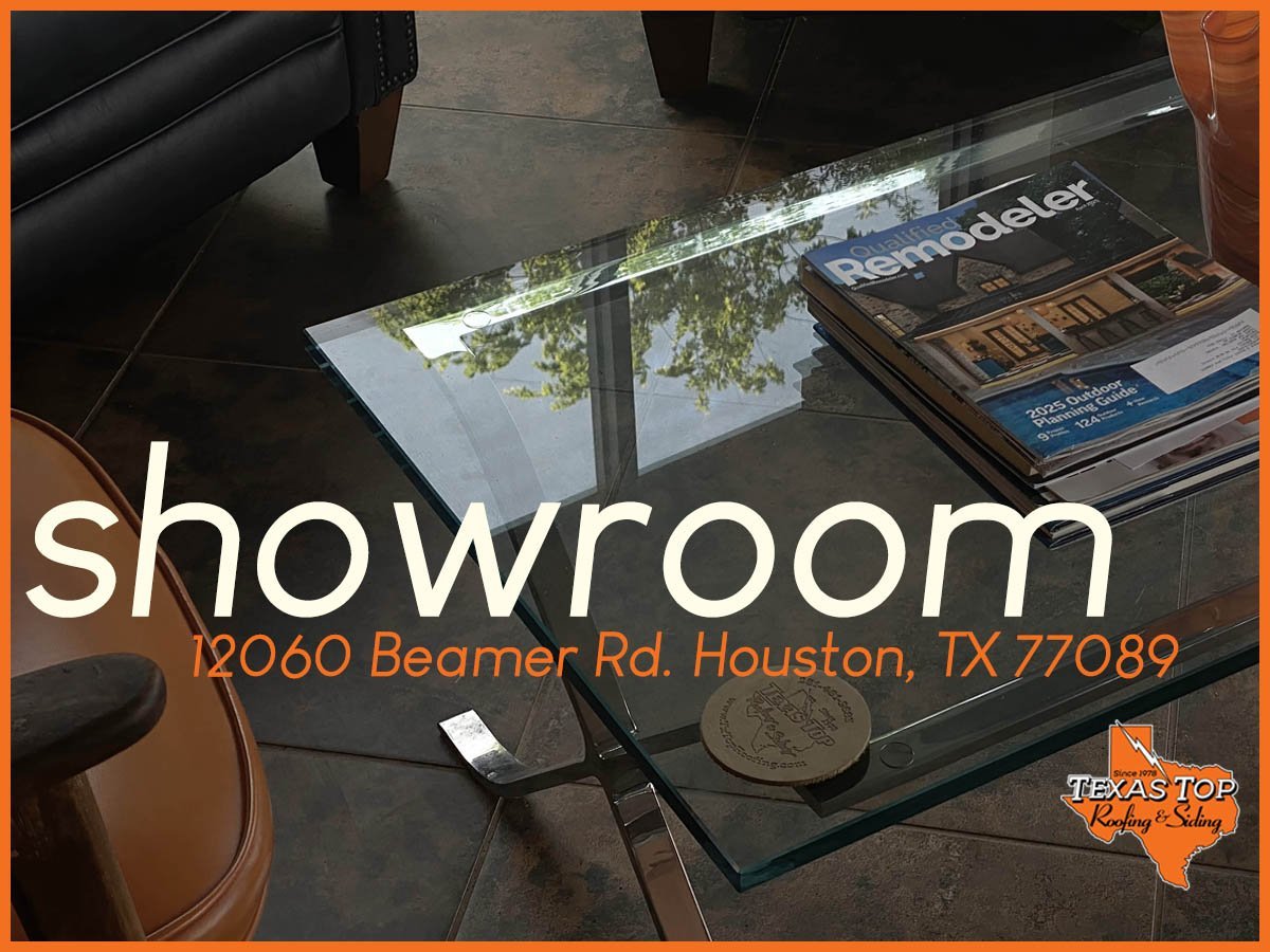 Showroom display with glass table, magazines, and overhead signage at 12060 Beamer Rd, Houston, TX 77089
