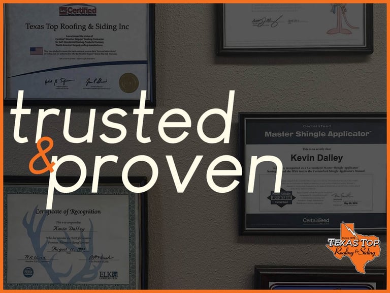 Professional certifications and credentials displayed on wall with trusted and proven text overlay